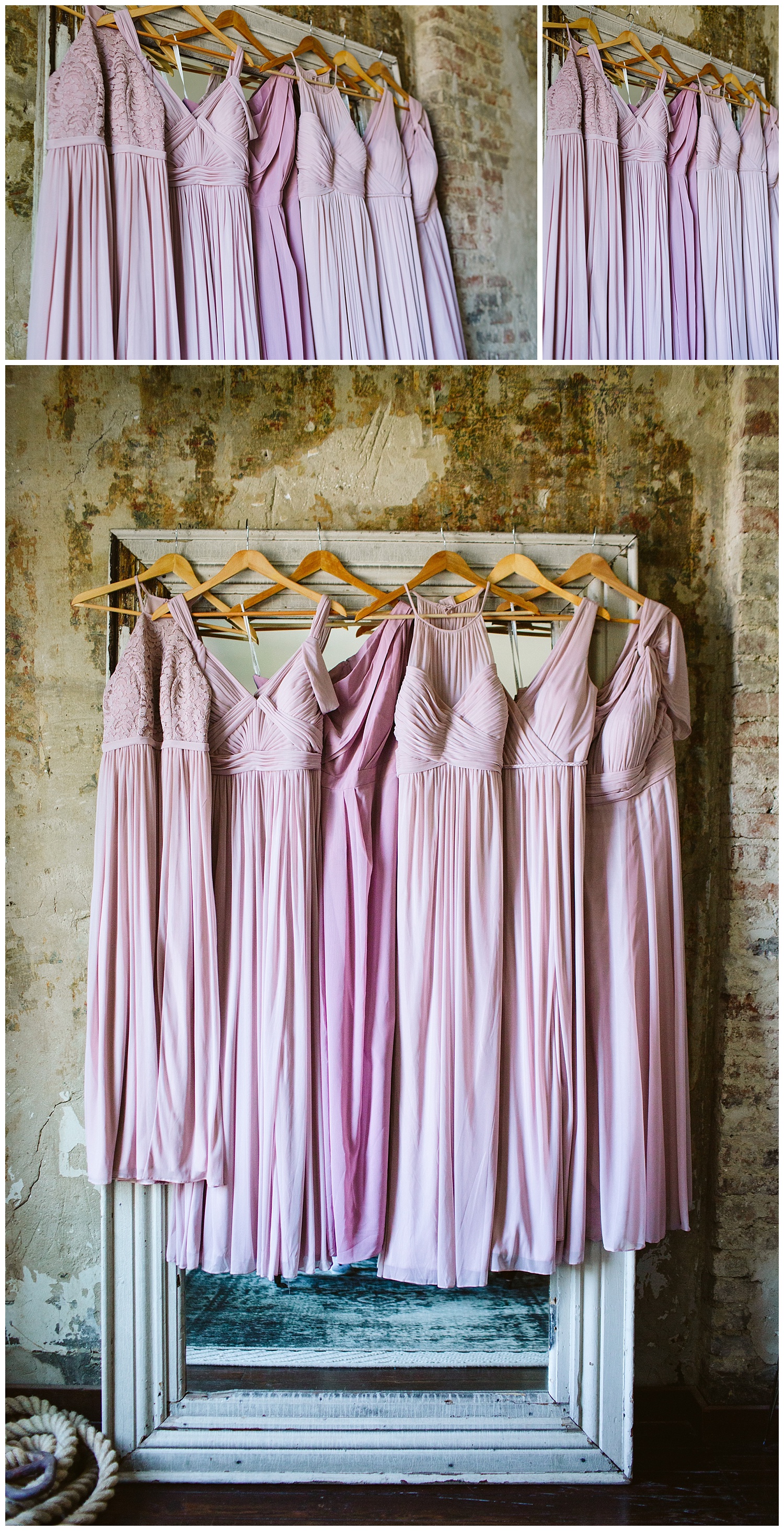 Pink bridesmaid dresses hanging from large mirror with white wooden frame, The Cordelle, Nashville wedding photography, Country Music Hall of Fame wedding reception, Tennessee wedding Planning, Wedding Inspiration, Engagement Inspiration, Downtown Nashville, The Cordelle Nashville, wedding venue