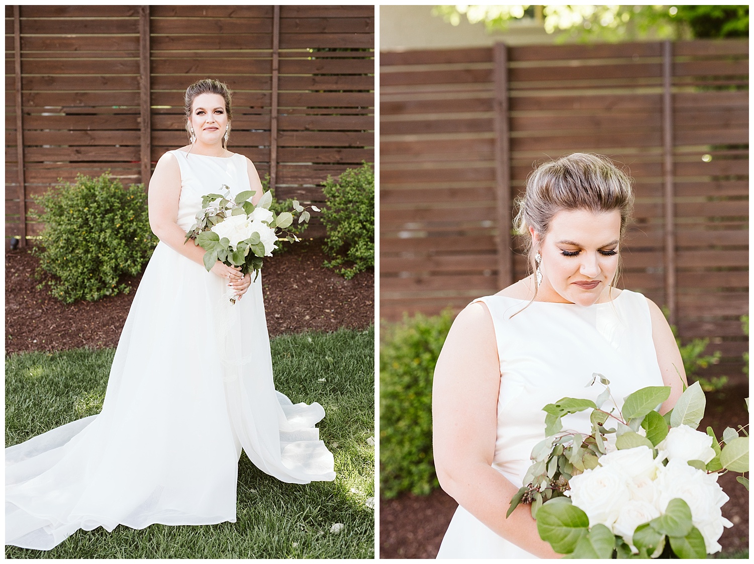 woman in white dress standing in front of brown fence holding a bouquet of white roses and green eucalyptus, The Cordelle, Nashville wedding photography, Country Music Hall of Fame wedding reception, Tennessee wedding Planning, Wedding Inspiration, Engagement Inspiration, Downtown Nashville, The Cordelle Nashville, wedding venue