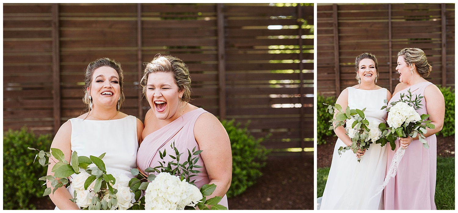 two girlfriends laughing holding white and green flowers, The Cordelle, Nashville wedding photography, Country Music Hall of Fame wedding reception, Tennessee wedding Planning, Wedding Inspiration, Engagement Inspiration, Downtown Nashville, The Cordelle Nashville, wedding venue