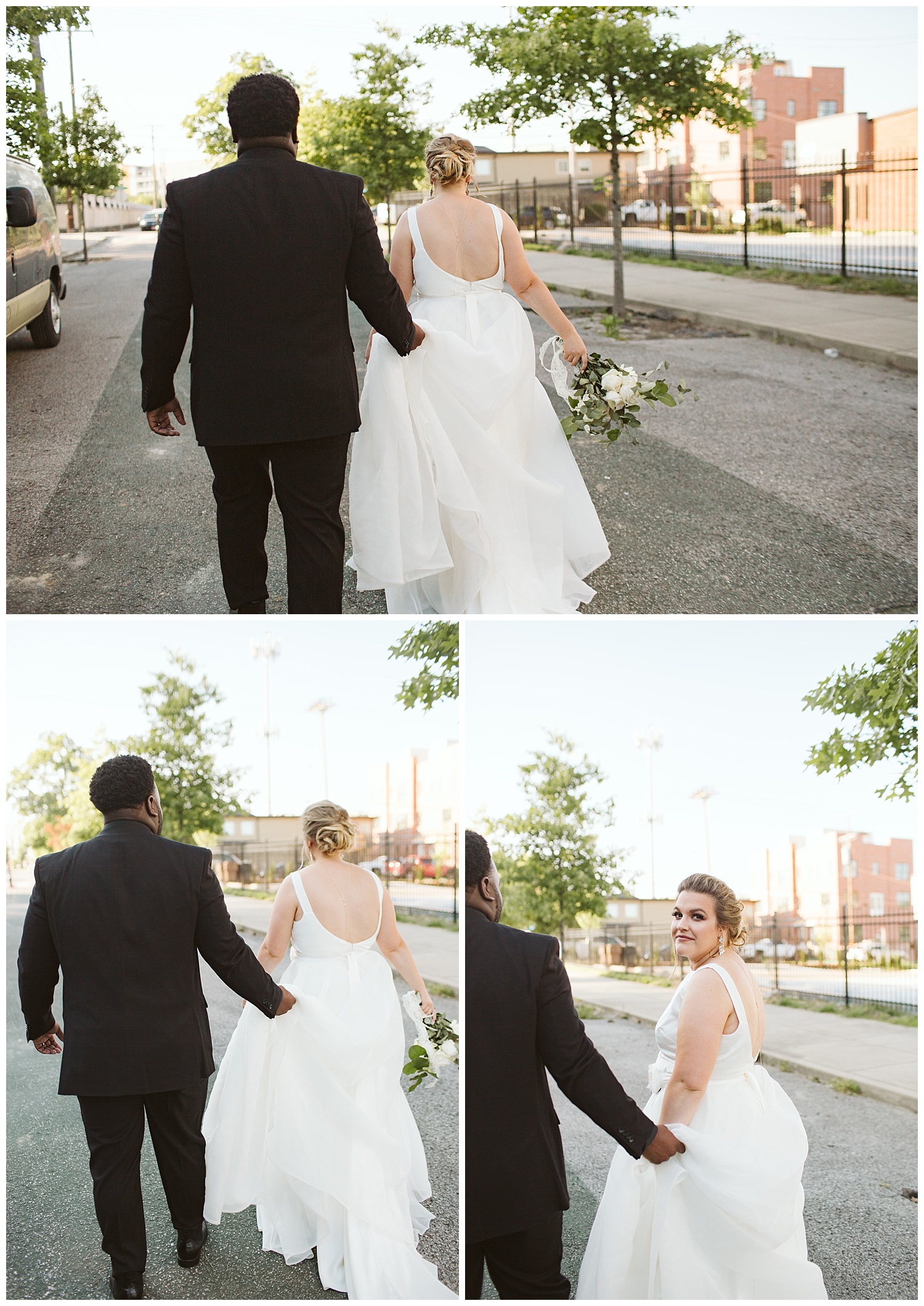couple walking downtown Nashville in the street with back towards photographer, The Cordelle, Nashville wedding photography, Country Music Hall of Fame wedding reception, Tennessee wedding Planning, Wedding Inspiration, Engagement Inspiration, Downtown Nashville, The Cordelle Nashville, wedding venue