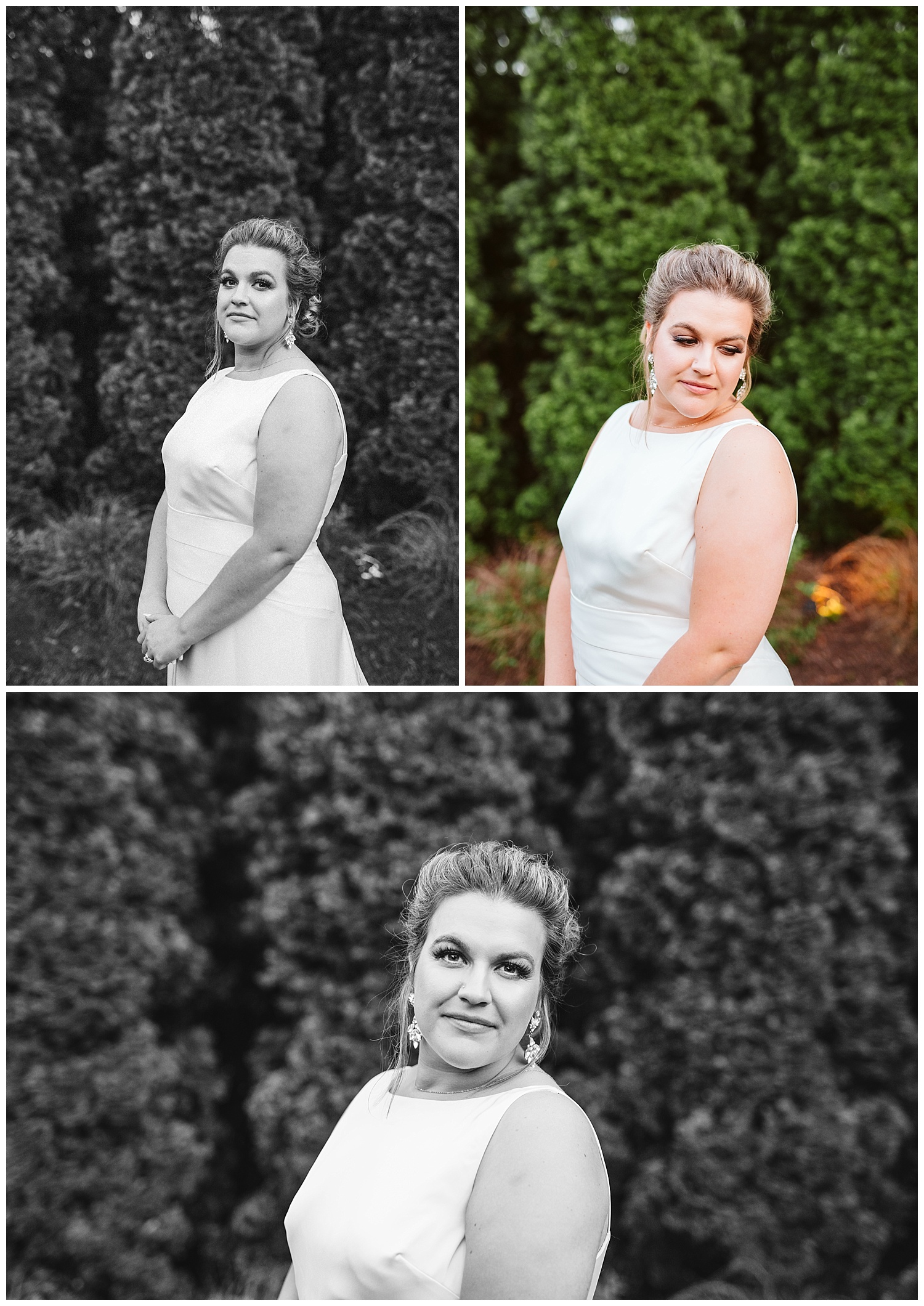 portraits of bride in white dress with updo standing in front of evergreen trees, The Cordelle, Nashville wedding photography, Country Music Hall of Fame wedding reception, Tennessee wedding Planning, Wedding Inspiration, Engagement Inspiration, Downtown Nashville, The Cordelle Nashville, wedding venue