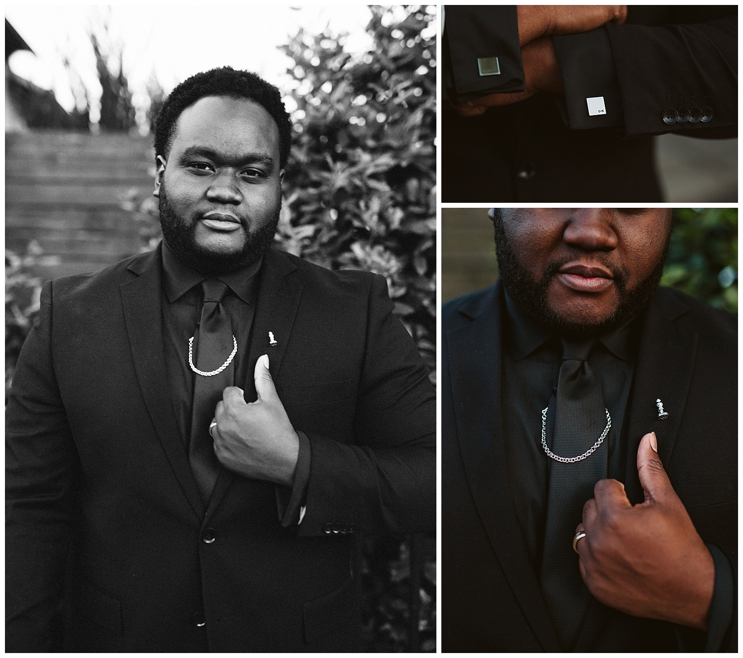 details of man's black suit with silver tie chain and monogrammed silver cuff links, The Cordelle, Nashville wedding photography, Country Music Hall of Fame wedding reception, Tennessee wedding Planning, Wedding Inspiration, Engagement Inspiration, Downtown Nashville, The Cordelle Nashville, wedding venue