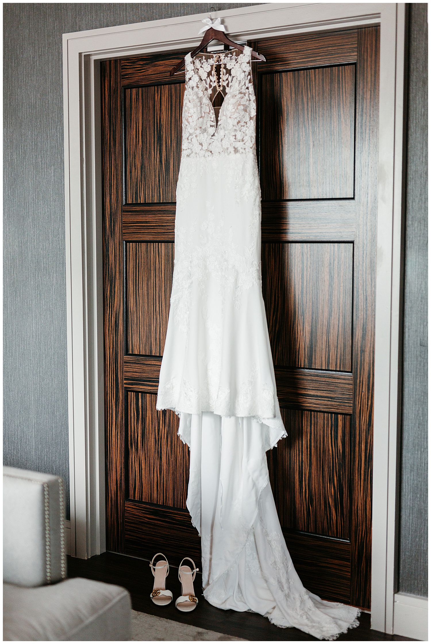 white wedding dress hanging on AC hotel room door, pink and purple bridesmaid dresses in the AC hotel downtown Nashville, Nashville wedding photography, Country Music Hall of Fame wedding reception, Tennessee wedding Planning, Wedding Inspiration, Engagement Inspiration, Downtown Nashville